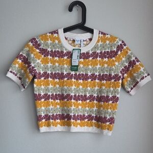 Twik Multicolor Floral Knit Crew Neck Crop Sweater Top Short Sleeve T Shirt  S